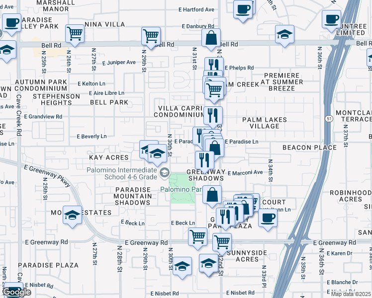 map of restaurants, bars, coffee shops, grocery stores, and more near 3009 East Paradise Lane in Phoenix