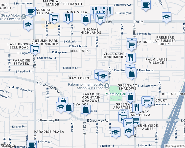 map of restaurants, bars, coffee shops, grocery stores, and more near 2844 East Le Marche Avenue in Phoenix