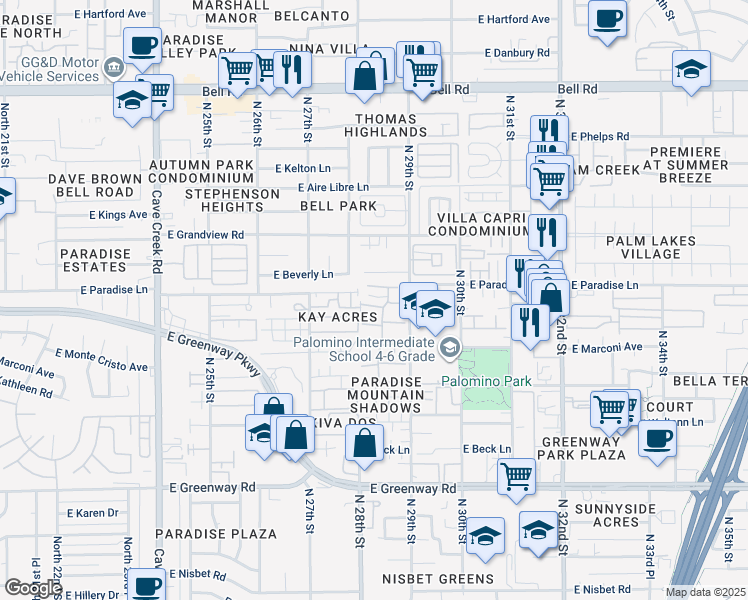 map of restaurants, bars, coffee shops, grocery stores, and more near 2814 East Le Marche Avenue in Phoenix