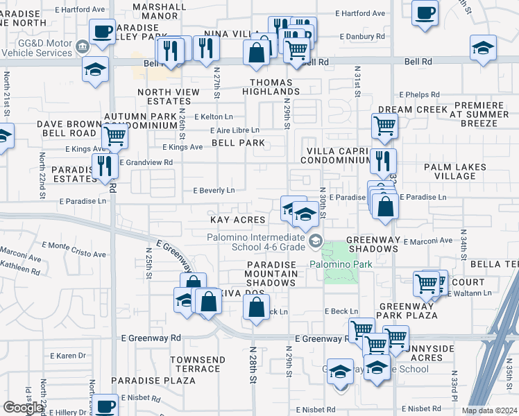 map of restaurants, bars, coffee shops, grocery stores, and more near 2814 East Le Marche Avenue in Phoenix