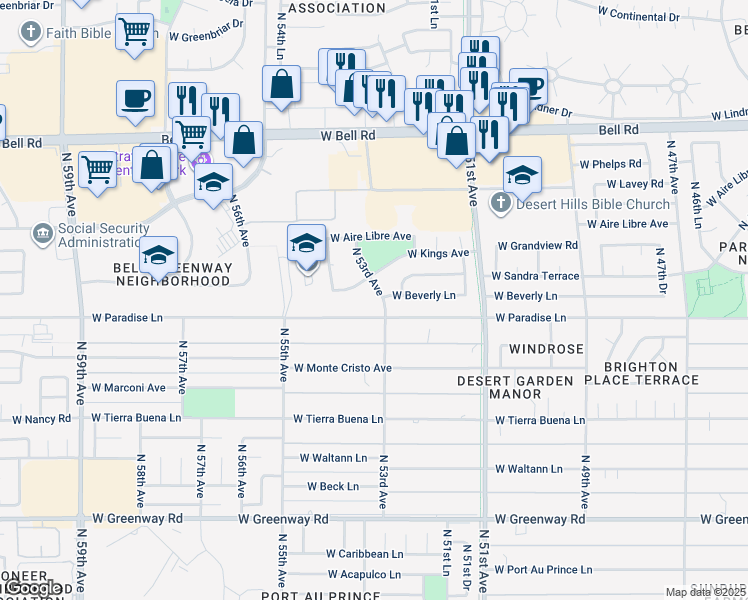 map of restaurants, bars, coffee shops, grocery stores, and more near 16210 North 53rd Avenue in Glendale