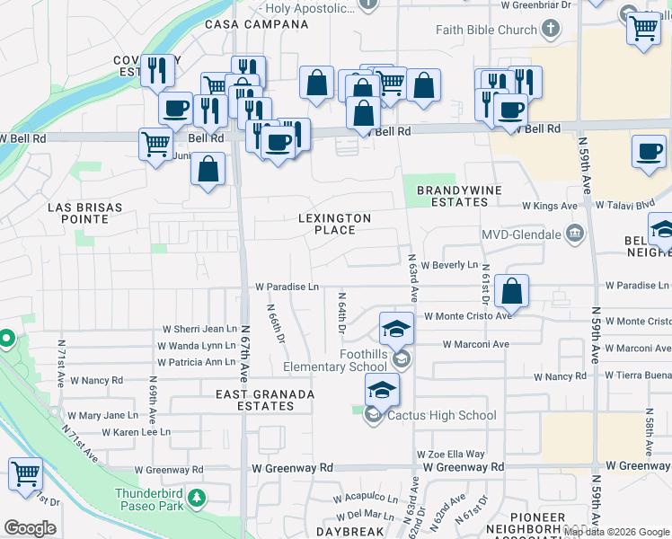 map of restaurants, bars, coffee shops, grocery stores, and more near 6525 West Sandra Terrace in Glendale