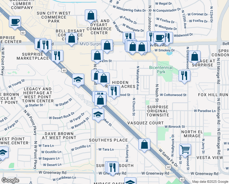 map of restaurants, bars, coffee shops, grocery stores, and more near 12976 West Cottonwood Street in Surprise