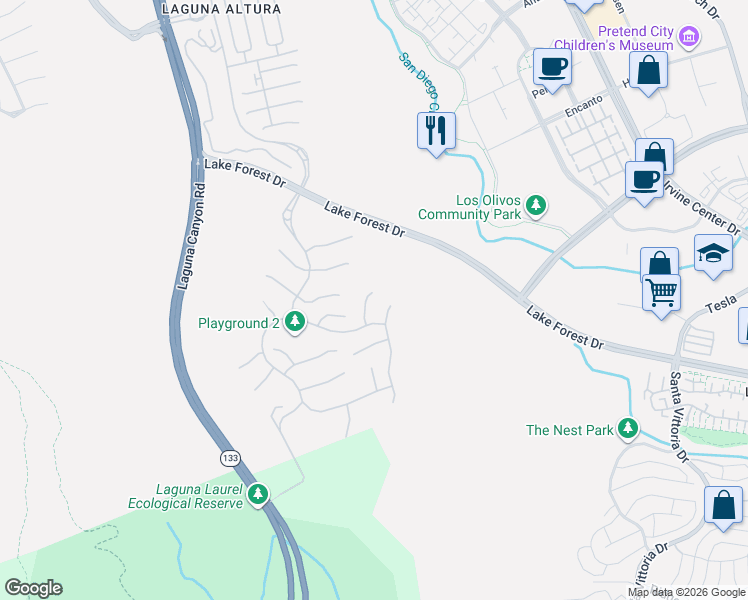 map of restaurants, bars, coffee shops, grocery stores, and more near 104 Misty Sky in Irvine
