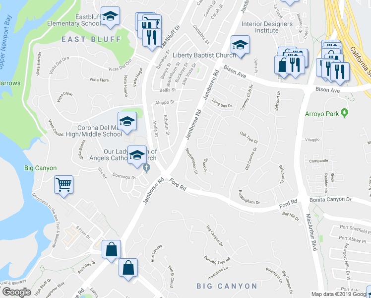 map of restaurants, bars, coffee shops, grocery stores, and more near 17 Northampton Court in Newport Beach
