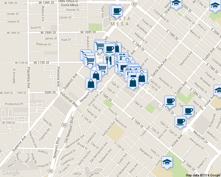 map of restaurants, bars, coffee shops, grocery stores, and more near 225 Ogle Street in Costa Mesa