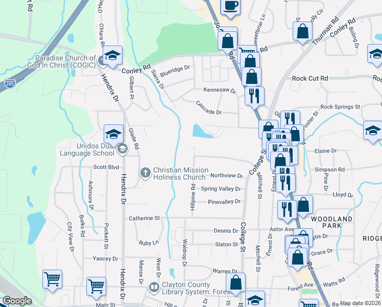 map of restaurants, bars, coffee shops, grocery stores, and more near 4456 Hillpine Road in Forest Park