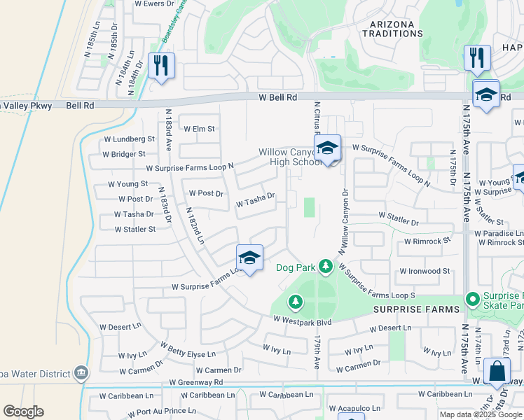 map of restaurants, bars, coffee shops, grocery stores, and more near 18046 West Statler Street in Surprise