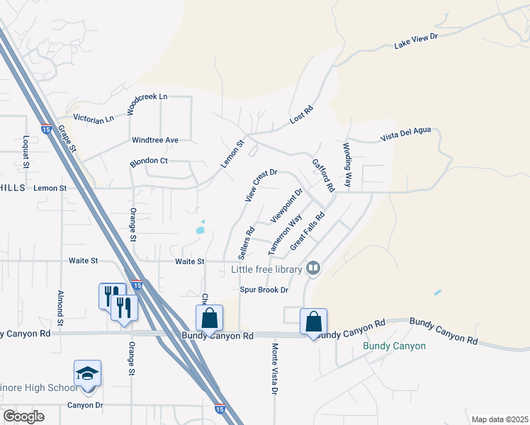 map of restaurants, bars, coffee shops, grocery stores, and more near 33578 Sellers Road in Wildomar