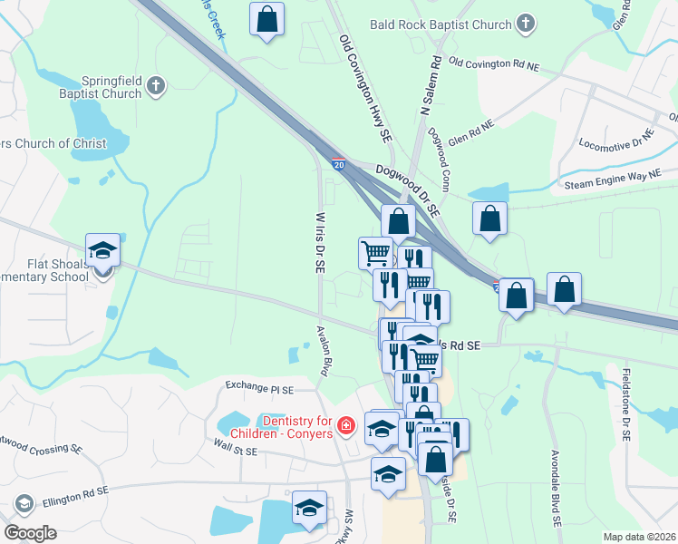 map of restaurants, bars, coffee shops, grocery stores, and more near 2183 Salem Road Southeast in Conyers