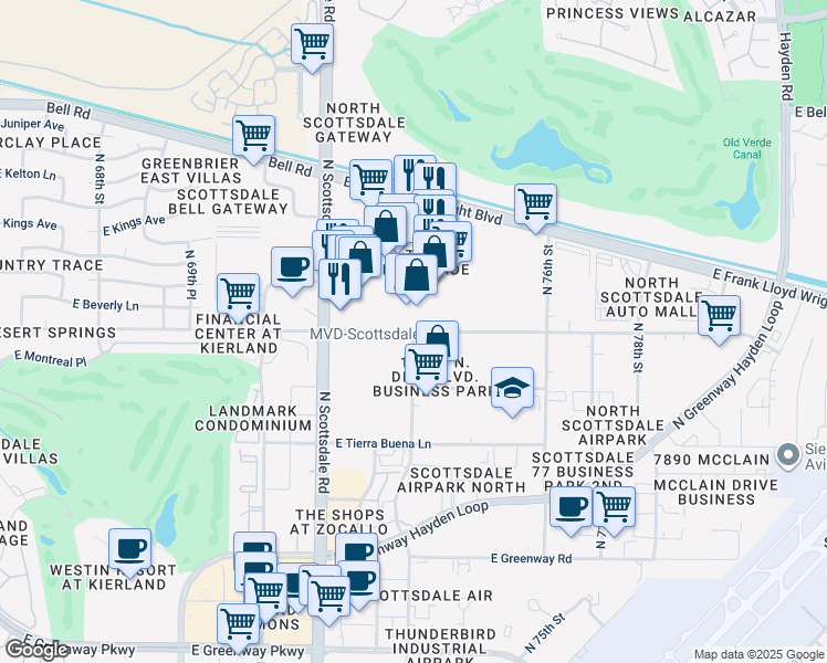 map of restaurants, bars, coffee shops, grocery stores, and more near 7301 East Paradise Lane in Scottsdale