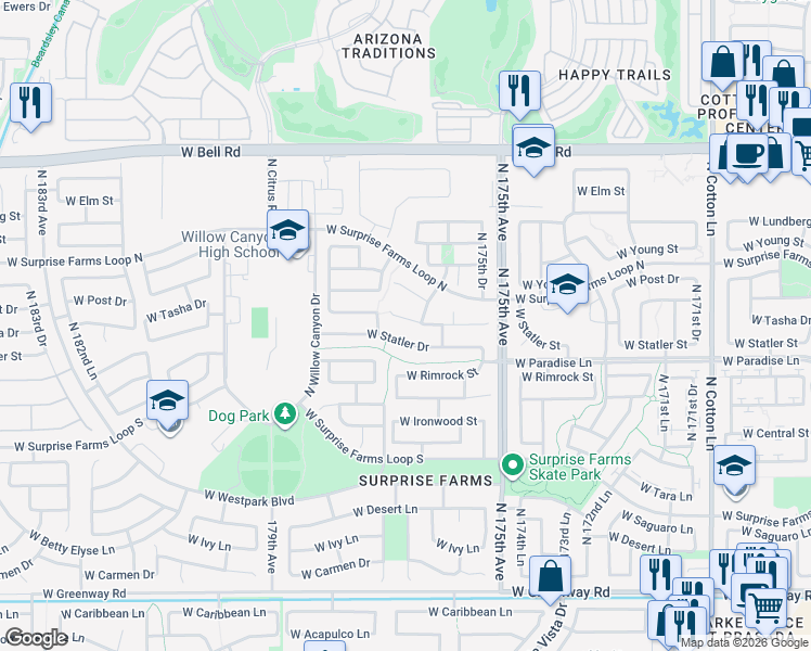 map of restaurants, bars, coffee shops, grocery stores, and more near 17647 West Tasha Drive in Surprise