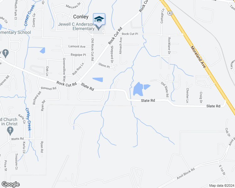 map of restaurants, bars, coffee shops, grocery stores, and more near 4446 Falcon Court in Conley