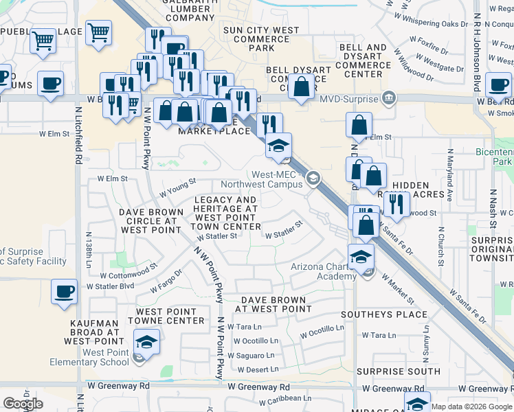 map of restaurants, bars, coffee shops, grocery stores, and more near 16400 North Lasso Drive in Surprise