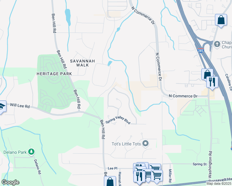 map of restaurants, bars, coffee shops, grocery stores, and more near 4485 Spring Valley Parkway in Atlanta