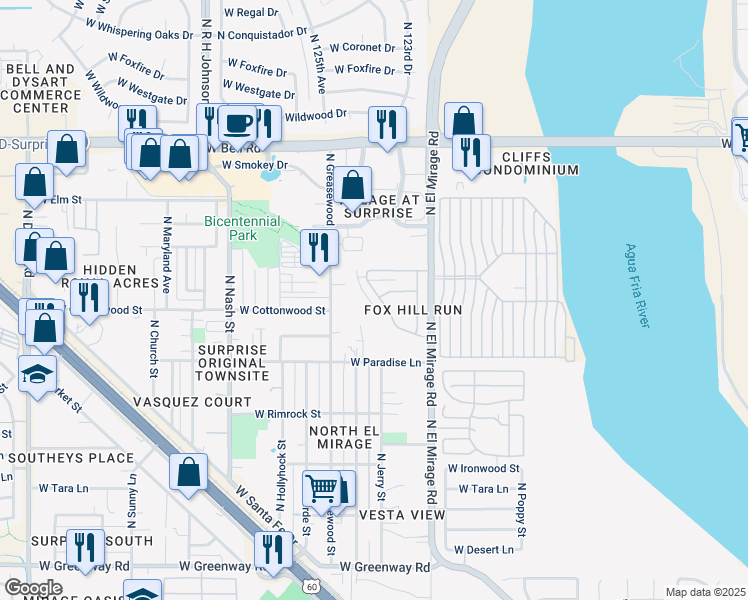 map of restaurants, bars, coffee shops, grocery stores, and more near 16302 North Fox Hill Drive in Surprise