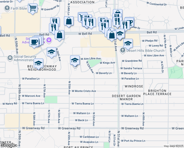 map of restaurants, bars, coffee shops, grocery stores, and more near 16210 North 53rd Avenue in Glendale