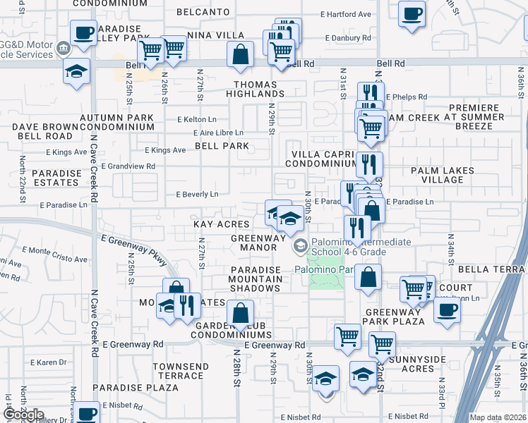 map of restaurants, bars, coffee shops, grocery stores, and more near 2844 East Le Marche Avenue in Phoenix