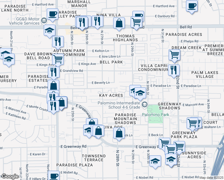 map of restaurants, bars, coffee shops, grocery stores, and more near 16035 North 27th Street in Phoenix