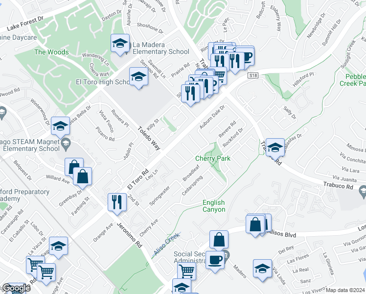 map of restaurants, bars, coffee shops, grocery stores, and more near 25612 Heatherow Circle in Lake Forest
