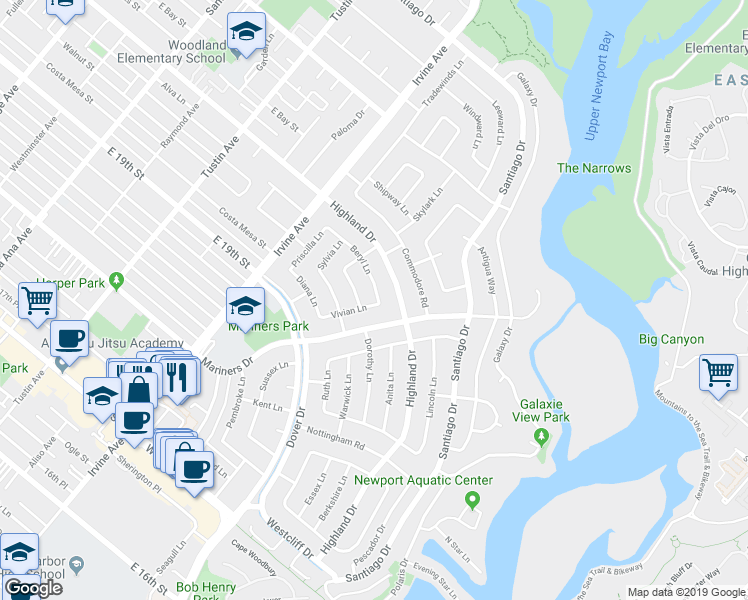 map of restaurants, bars, coffee shops, grocery stores, and more near 1801 Beryl Lane in Newport Beach