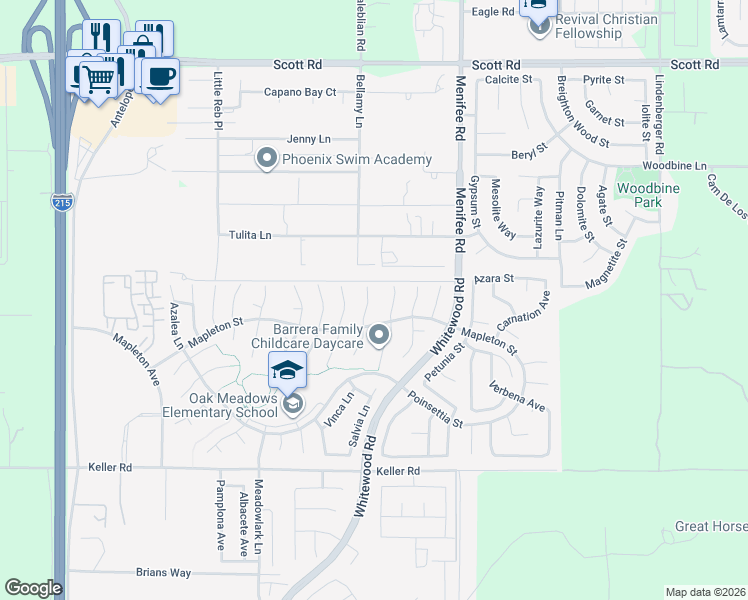 map of restaurants, bars, coffee shops, grocery stores, and more near 33578 Poppy Lane in Murrieta