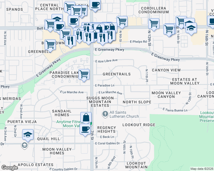 map of restaurants, bars, coffee shops, grocery stores, and more near North 8th Place in Phoenix