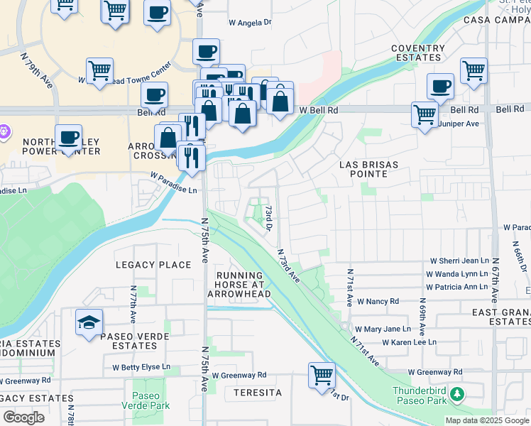 map of restaurants, bars, coffee shops, grocery stores, and more near 16312 North 73rd Drive in Peoria