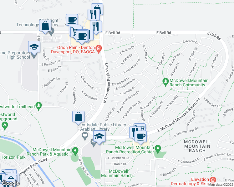 map of restaurants, bars, coffee shops, grocery stores, and more near 10234 East Saltillo Drive in Scottsdale