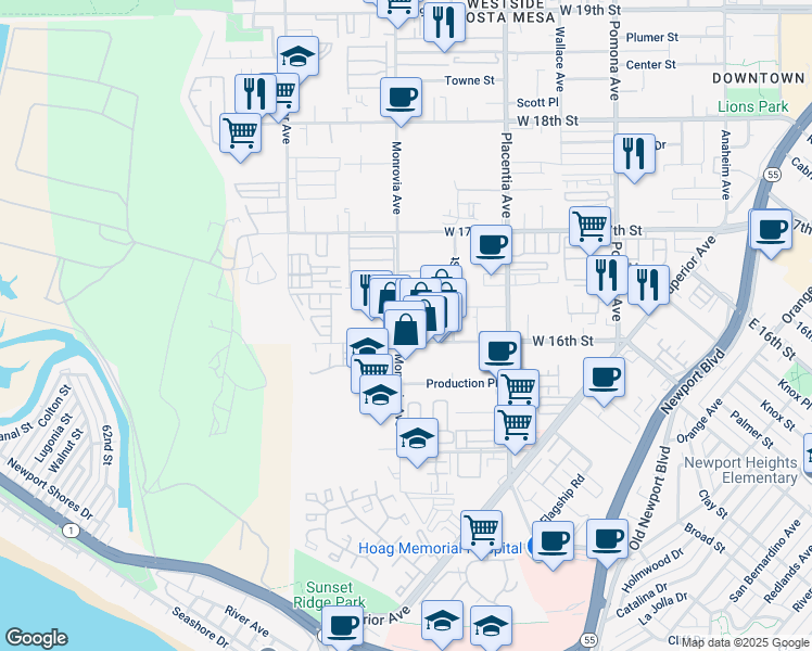 map of restaurants, bars, coffee shops, grocery stores, and more near 1602 Monrovia Avenue in Newport Beach