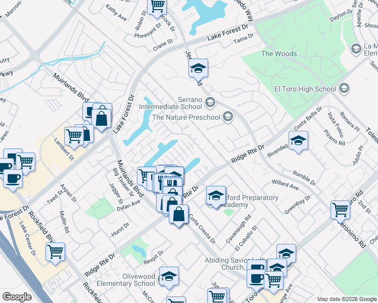 map of restaurants, bars, coffee shops, grocery stores, and more near 22702 Islamare Lane in Lake Forest