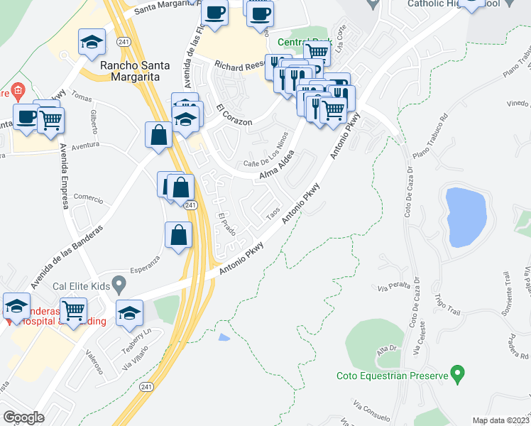 map of restaurants, bars, coffee shops, grocery stores, and more near 6 Socorro in Rancho Santa Margarita