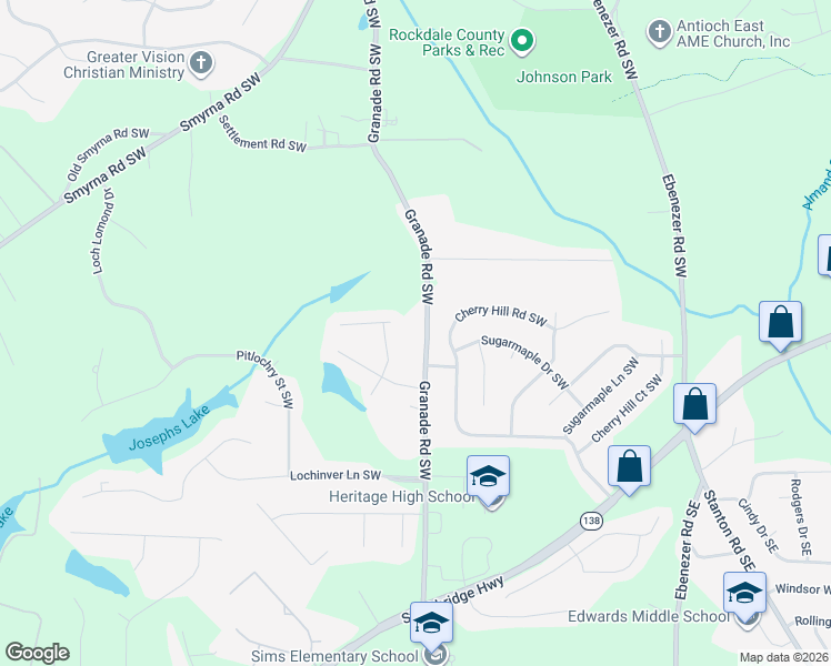 map of restaurants, bars, coffee shops, grocery stores, and more near 2211 Granade Road Southwest in Conyers