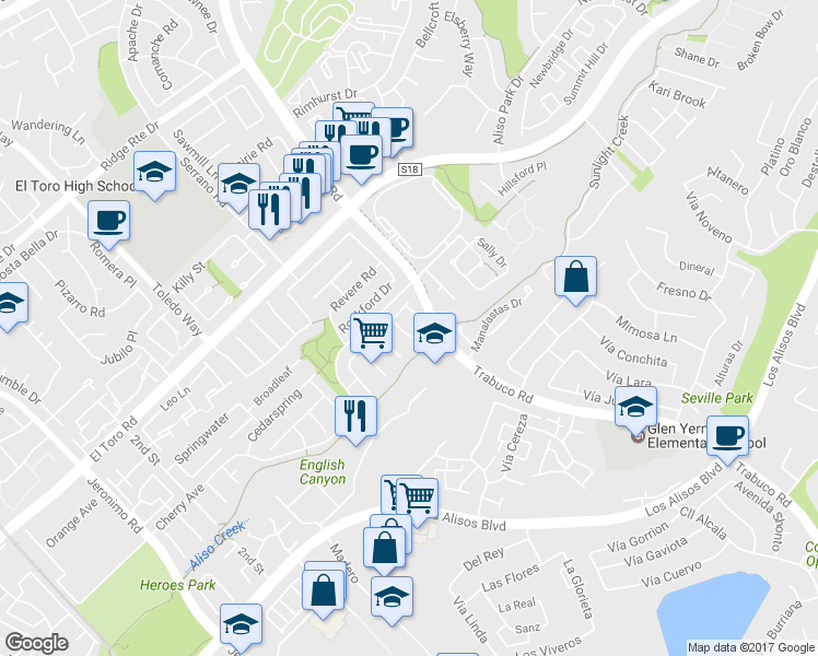 map of restaurants, bars, coffee shops, grocery stores, and more near 25935 Glenhurst in Lake Forest