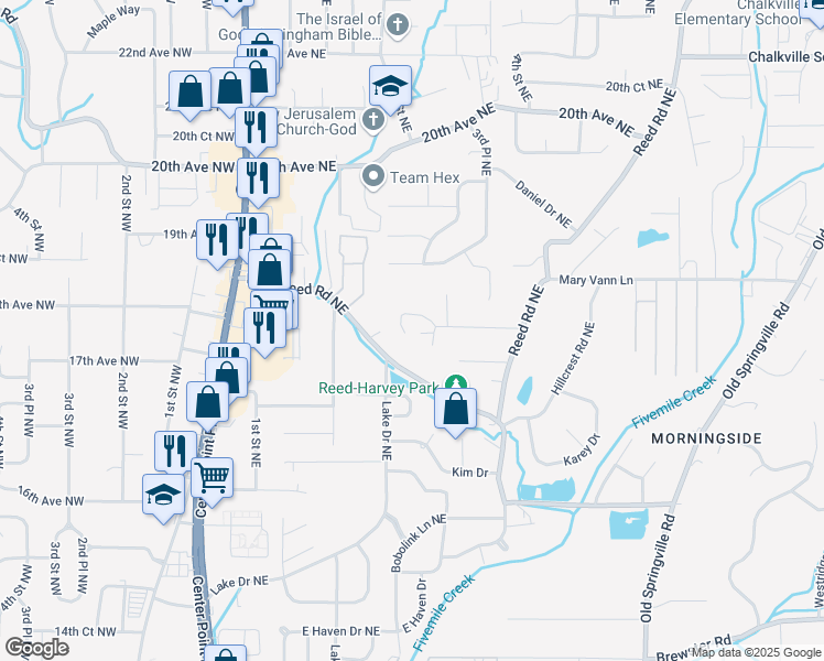 map of restaurants, bars, coffee shops, grocery stores, and more near 1705 Ladonna Sue Cir in Center Point
