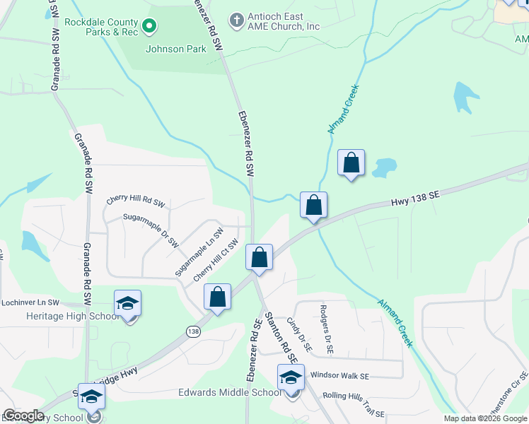 map of restaurants, bars, coffee shops, grocery stores, and more near 2240 Ebenezer Road Southwest in Conyers