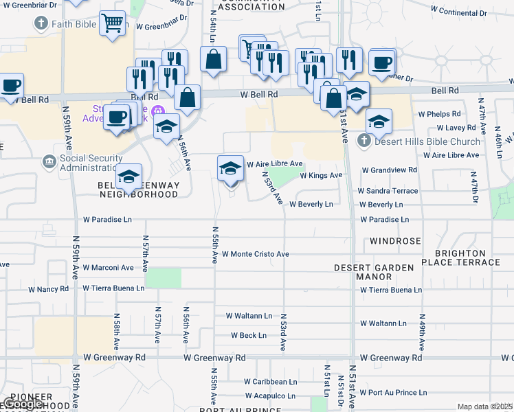 map of restaurants, bars, coffee shops, grocery stores, and more near 5325 West Kings Avenue in Glendale