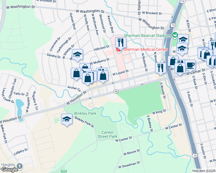 map of restaurants, bars, coffee shops, grocery stores, and more near 1310 West Houston Street in Sherman