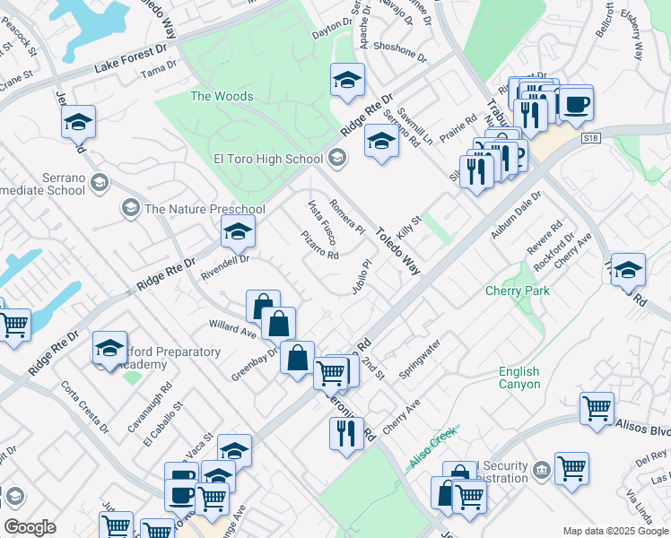 map of restaurants, bars, coffee shops, grocery stores, and more near 25251 Arder Court in Lake Forest