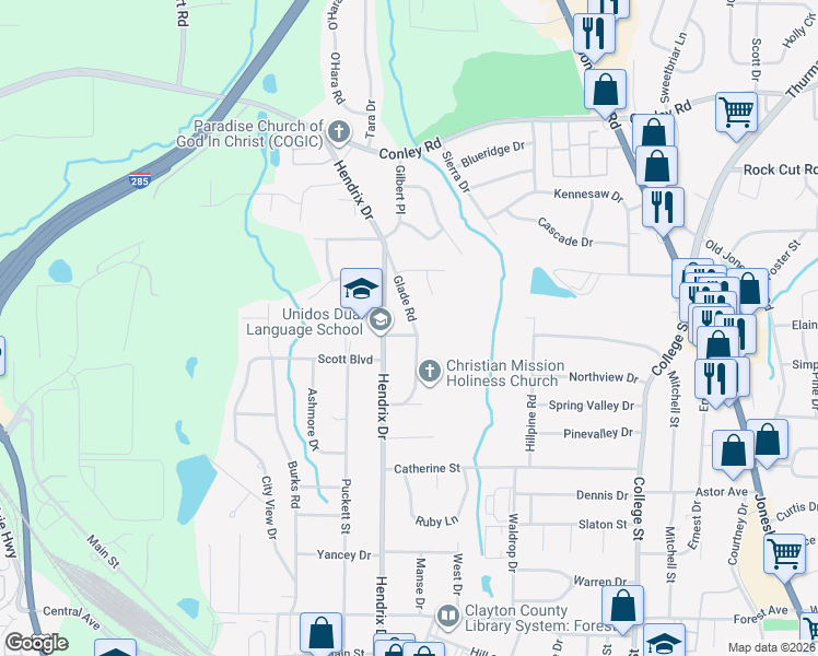 map of restaurants, bars, coffee shops, grocery stores, and more near 630 Ward Place in Forest Park