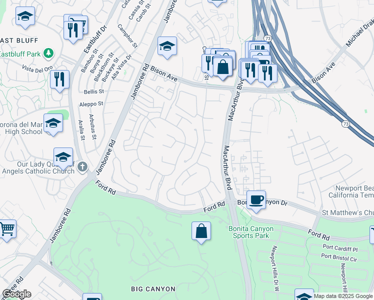 map of restaurants, bars, coffee shops, grocery stores, and more near 28 Old Course Drive in Newport Beach
