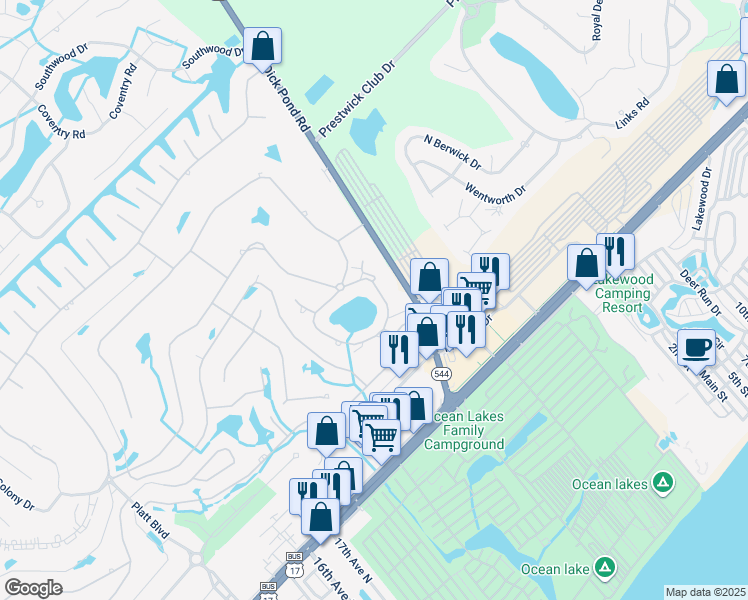 map of restaurants, bars, coffee shops, grocery stores, and more near 1919 Lake View Circle in Myrtle Beach