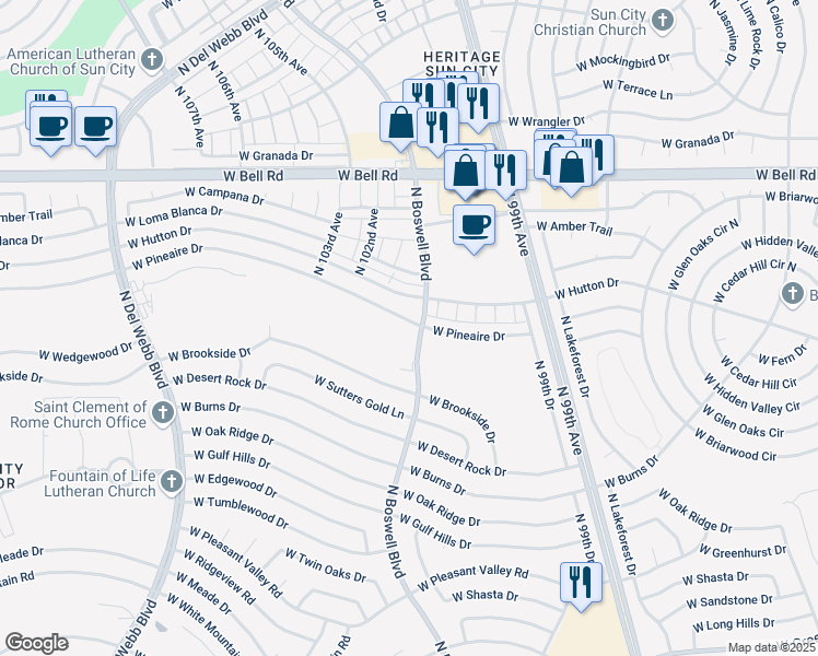 map of restaurants, bars, coffee shops, grocery stores, and more near 10105 West Pineaire Drive in Sun City