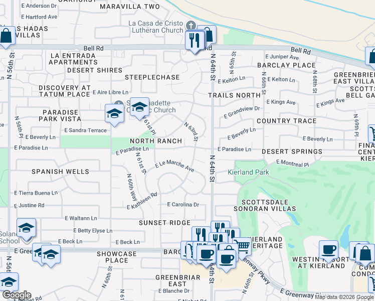 map of restaurants, bars, coffee shops, grocery stores, and more near 6233 East Paradise Lane in Scottsdale