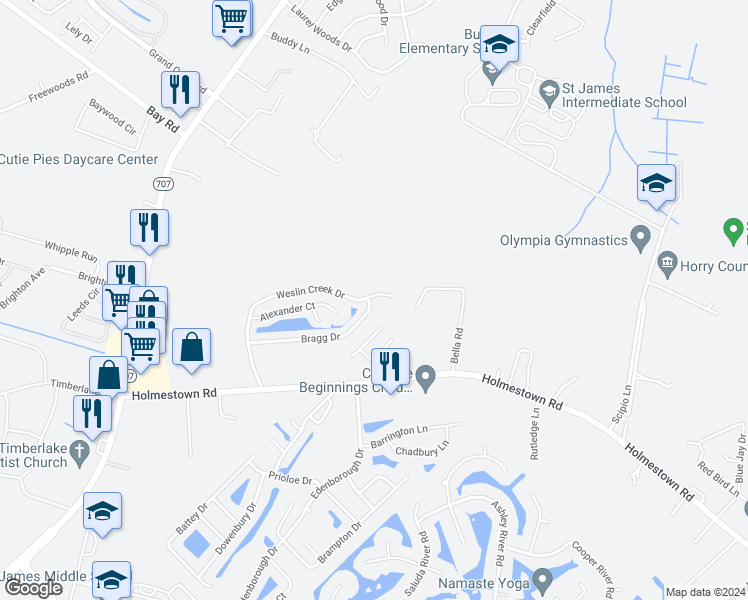 map of restaurants, bars, coffee shops, grocery stores, and more near 1088 Weslin Creek Drive in Myrtle Beach