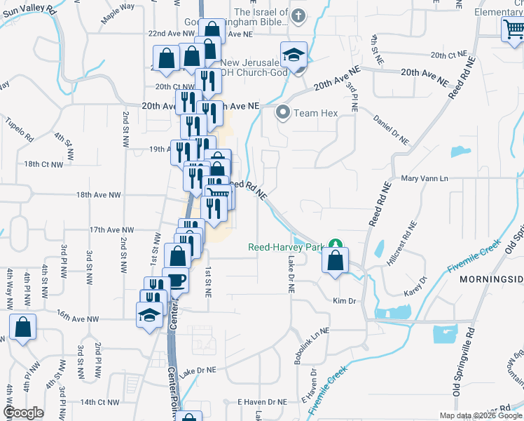 map of restaurants, bars, coffee shops, grocery stores, and more near 1732 2nd Street Northeast in Center Point