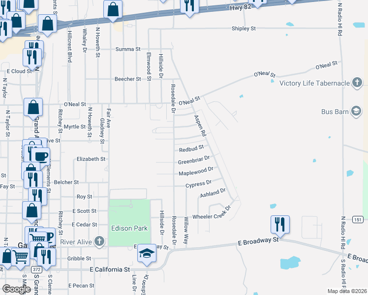 map of restaurants, bars, coffee shops, grocery stores, and more near 2005 Redbud Street in Gainesville