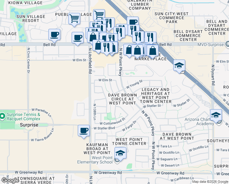 map of restaurants, bars, coffee shops, grocery stores, and more near 16397 North 137th Drive in Surprise