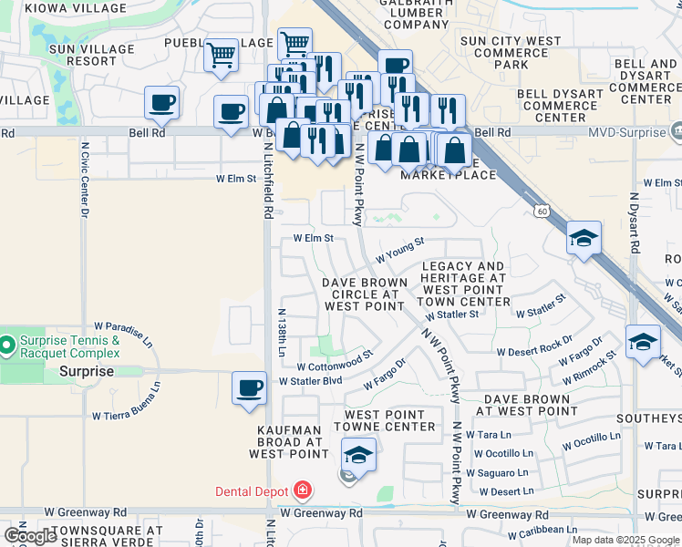 map of restaurants, bars, coffee shops, grocery stores, and more near 16397 North 137th Drive in Surprise