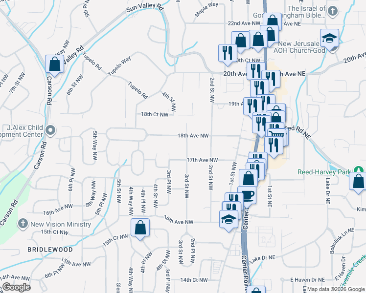 map of restaurants, bars, coffee shops, grocery stores, and more near 1712 3rd Street Northwest in Center Point